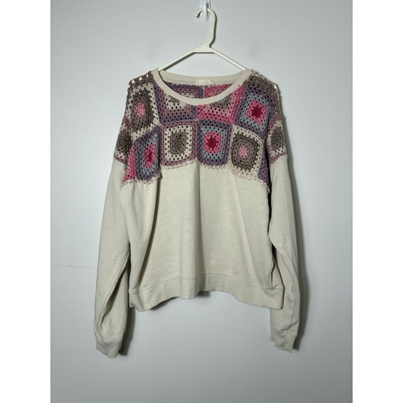 Lucky Brand Sweaters - Lucky Brand Pullover Granny Square Crew Neck Sweater Sz L Tan Cotton Retro